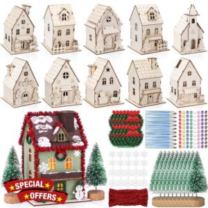 Silipull 10 Sets Christmas Wooden Houses to Paint Gingerbread Village Kit                                                          Winter DIY 3D Craft Bulk