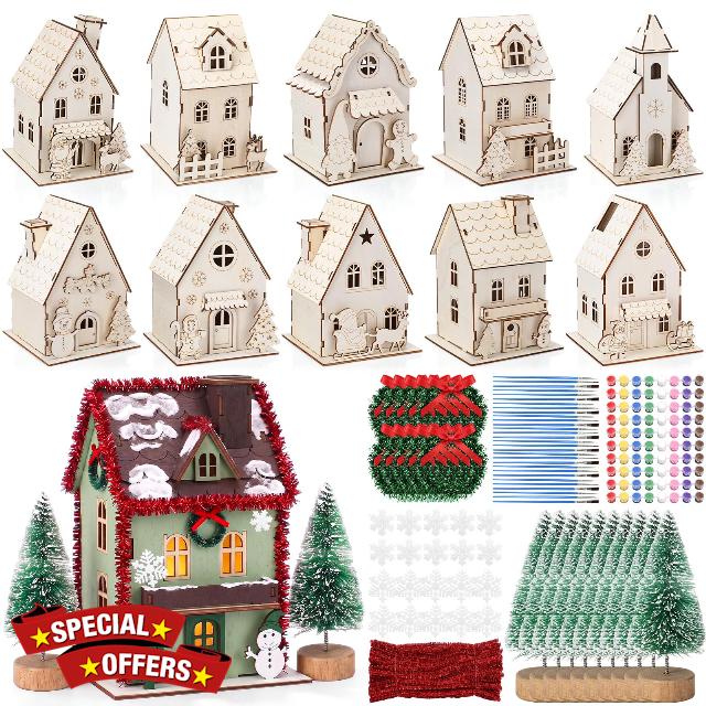 Silipull 10 Sets Christmas Wooden Houses to Paint Gingerbread Village Kit                                                          Winter DIY 3D Craft Bulk