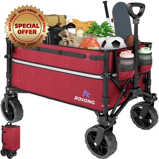 ROSONG Collapsible Wagon Cart with Wheels Foldable - Folding Utility Heavy Duty Wagons Carts for Grocery Sports Garden Shopping Camping Wheelbarrows