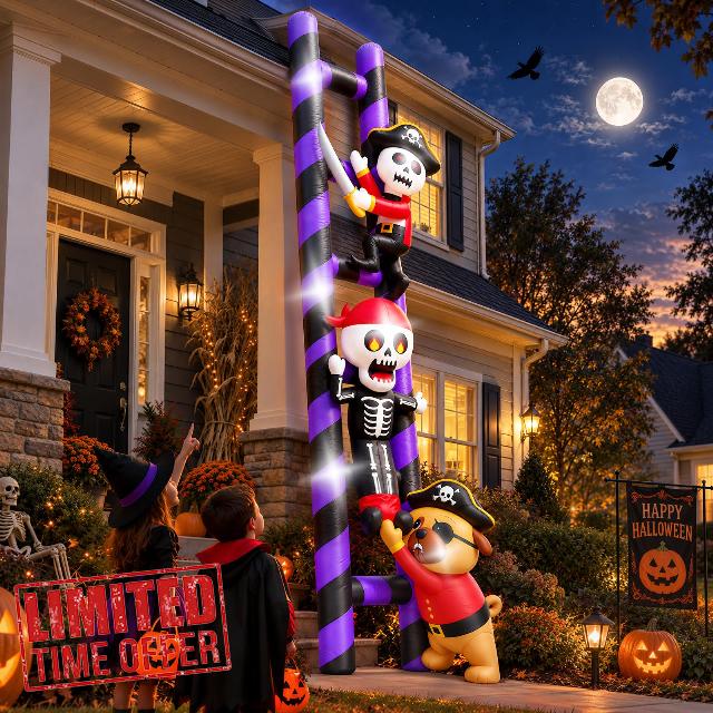 Kalolary 10FT Halloween Inflatable Decorations Pirate Skeleton Ladder                                                          Hanging Climbing Ladder Inflatable Outdoor Halloween Blow Up Yard Decoration for Outside Garden Tree Roofs Decors