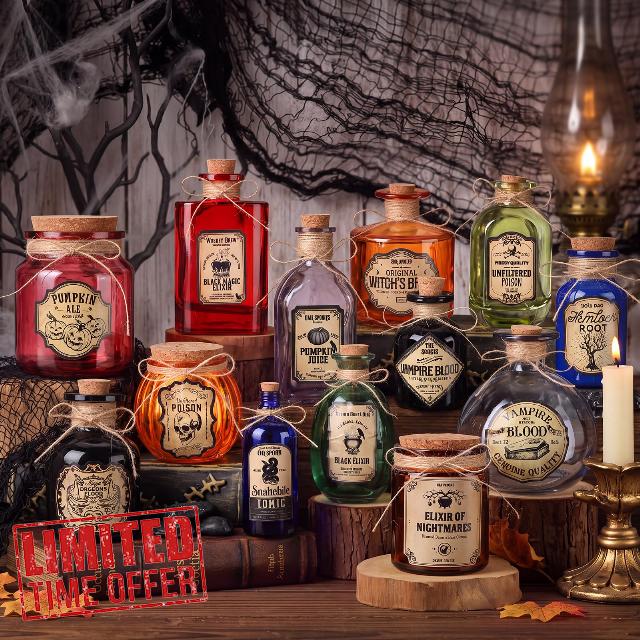 LemonRoad 13 Sets Halloween Decoration Potion Bottles with Cork                                                          Vintage Glass Apothecary Jars