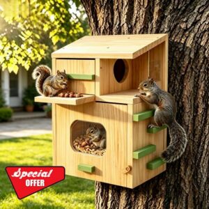 Weatherproof Squirrel House for Outside with Window Dual Balconies                                                          All-Season Wooden Nesting Box with Platform