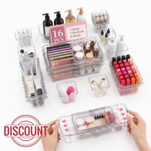 16 PCS Clear Expandable Drawer Organizers|3-Size Expanding Storage Bin Set                                                          Plastic Adjustable Desk Drawer Divider Boxes for Makeup
