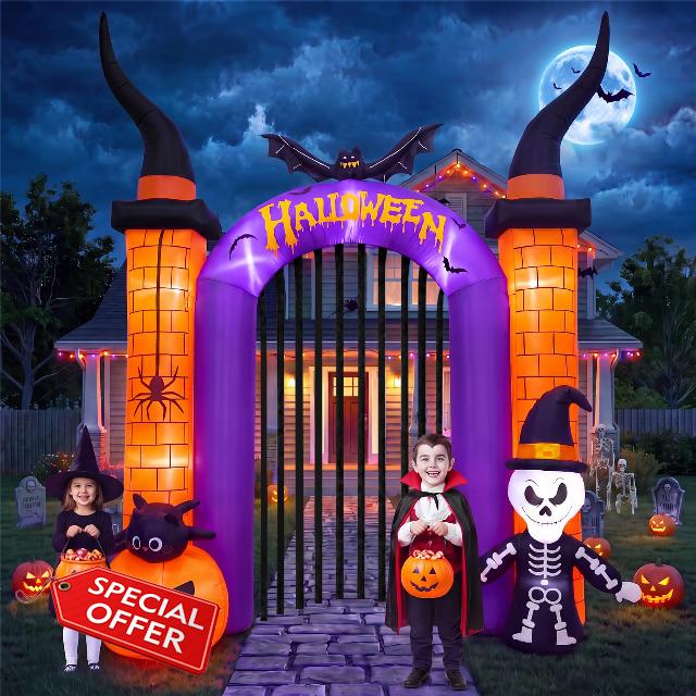 10.8FT Halloween Inflatables Archway Outdoor Decoration                                                          Lighted Blow Up Halloween Arch with Skeleton