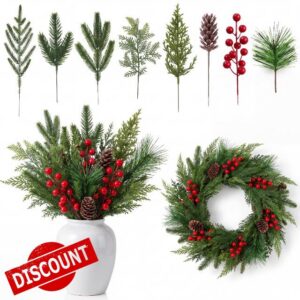 Dingion 120 Pcs Christmas Artificial Pine Greenery Pick with Red Berry Stem                                                          8 Styles Bendable Faux DIY Greenery for Christmas Wreaths