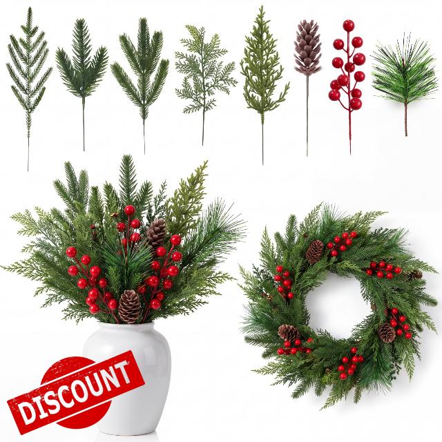 Dingion 120 Pcs Christmas Artificial Pine Greenery Pick with Red Berry Stem                                                          8 Styles Bendable Faux DIY Greenery for Christmas Wreaths