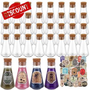 Baderke 36 Pcs Halloween Plastic Potion Bottles with Spooky Labels Stickers                                                          8.45 oz Clear Conical Spherical Bottles with Cork Stoppers