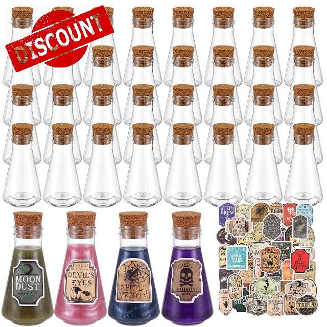 Baderke 36 Pcs Halloween Plastic Potion Bottles with Spooky Labels Stickers                                                          8.45 oz Clear Conical Spherical Bottles with Cork Stoppers