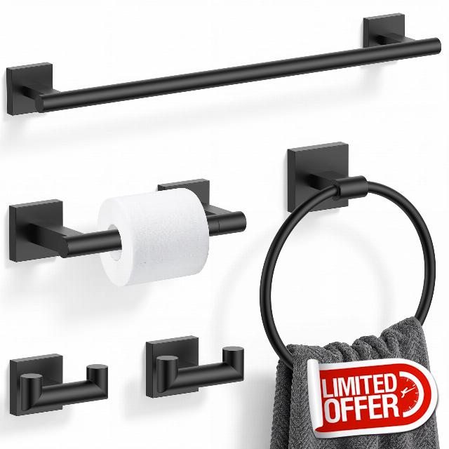 FORIOUS 5-Piece Matte Black Bathroom Hardware Set
