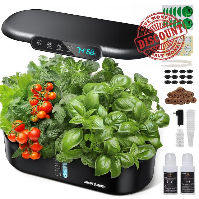 Ahopegarden Hydroponics Growing System Kit: 12 Pods Temp & Humidity Monitor Oval Indoor Herb Garden with Full Spectrum LED Grow Light for Growing Herbs