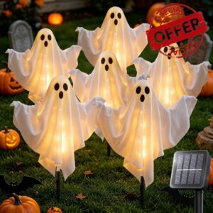 6 Pack Halloween Decoration Outdoor Solar Ghost Lights Warm White                                                          Waterproof Solar Powered Ghost Stake Lights with Poseable Arms for Yard