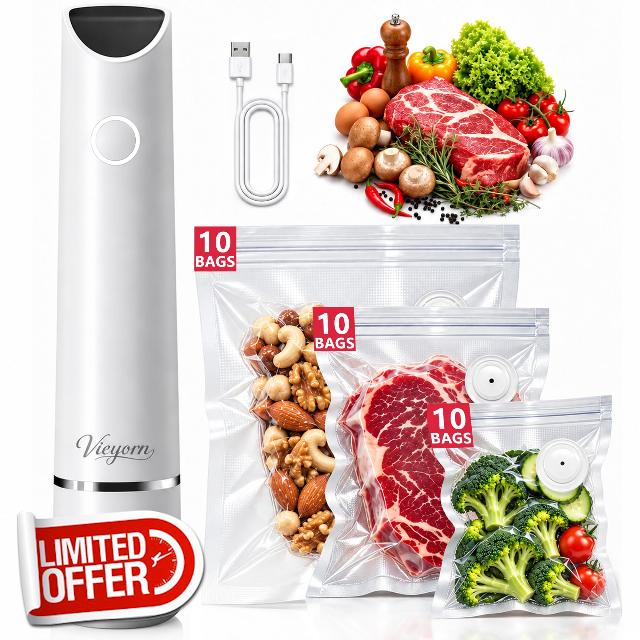 60kPa Compact Food Vacuum Sealer Kit with 30 Reusable Bags-10S/M/L                                                          WHITE Minimalist 60kPa Precision 8X Freshness USB Rechargeable Detachable Water Tank Portable for Meal Prep