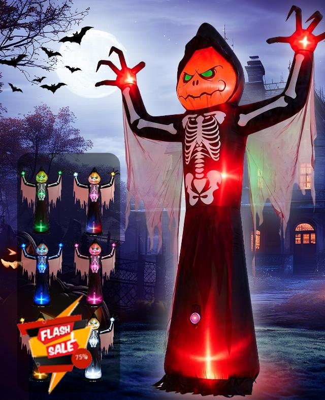 Elegear 12FT Pumpkin Skeleton Reaper Halloween Inflatable Blow Up Décor                                                          7-Mode RGB Glow