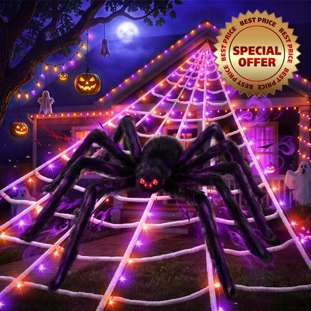 Upgrade Halloween Spider Web Decorations Outdoor + 59" Giant Spider Décor                                                          Waterproof Halloween Lights Decor Indoor and Outdoor with 8 Lighting Modes