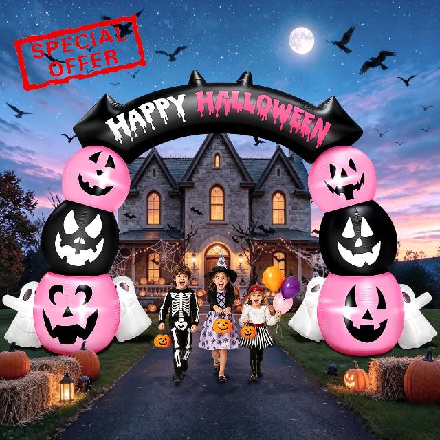 Kalolary 10FT Halloween Inflatable Archway Pink Ghost Outdoors Decoration                                                          Halloween Inflatable Blow Up Outdoor Decoration for Yard Lawn Party Shopping Mall