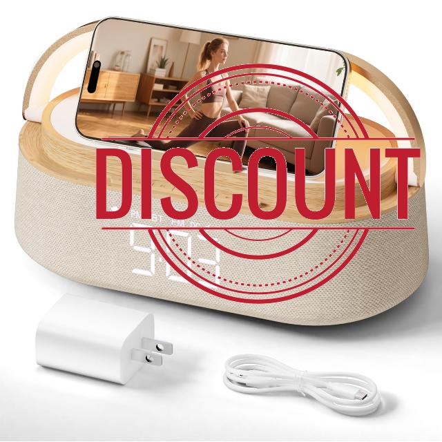 Alarm Clock Bedroom with Wireless Charger Bluetooth Speaker FM Radio Light                                                          6 in 1 Digital Alarm Clocks with Dimmable Night Light