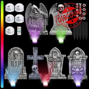 Aurelema 6 Pcs 17" Metal Halloween Tombstones with Light Decoration                                                          Five Light