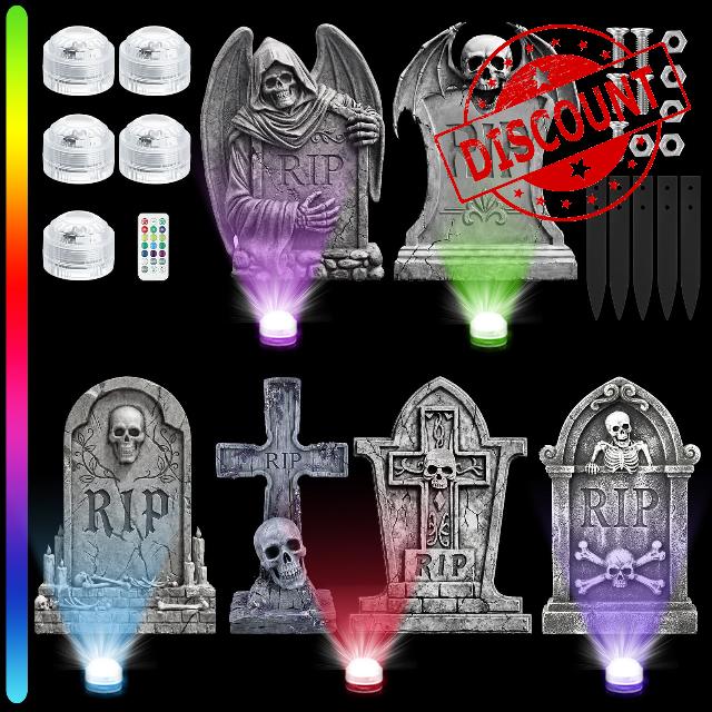 Aurelema 6 Pcs 17" Metal Halloween Tombstones with Light Decoration                                                          Five Light