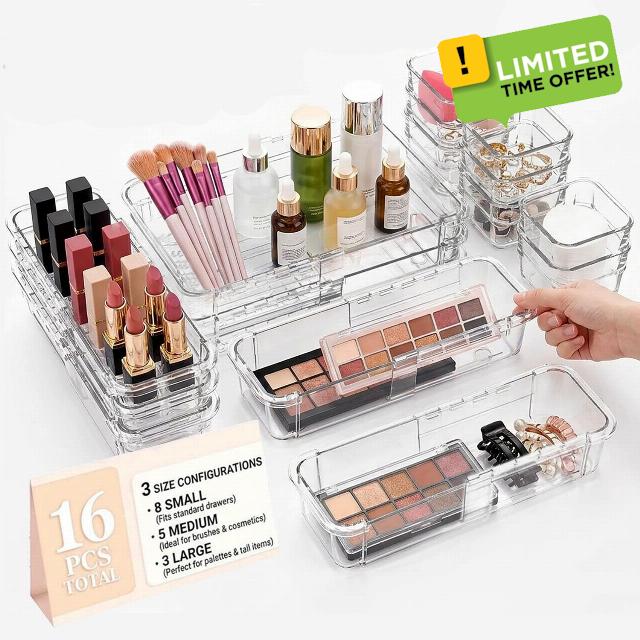 16Pcs Clear Adjustable Drawer Organizer
