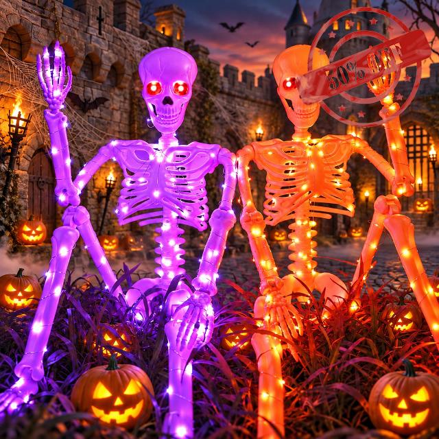 Halloween Decorations Outdoor Skeletons Set - 2 Pack 36" (90cm) Light Up Skeleton with LED Lights & 2 Red Eyes