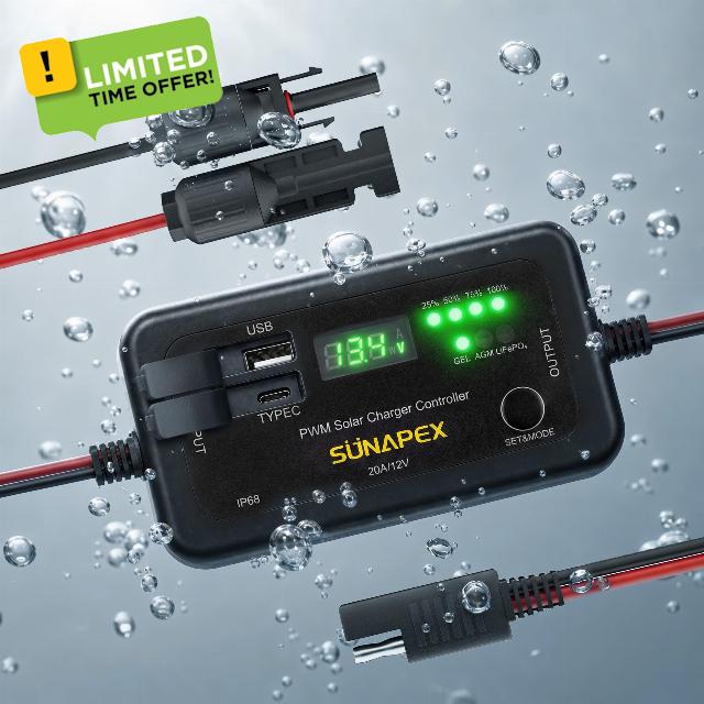 SUNAPEX 12V 20A Solar Charge Controller All Weather Waterproof                                                          IP68 Waterproof | Real-Time Battery Voltage & Current Monitoring | USB & Type-C Charging | LiFePO4 AGM & Gel Compatible