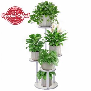 HETTHI 5 Tier Corner Plant Stand Indoor Metal Wood Plant Stand                                                          40 LB Per Tier & Raised-Rim Trays