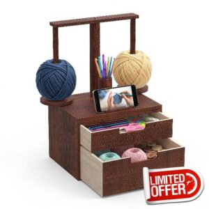 GloTika Wooden Yarn Holder with Double Drawer and 2 Magnetic Spindles                                                          Handcrafted