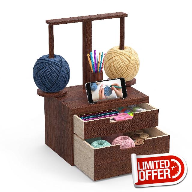 GloTika Wooden Yarn Holder with Double Drawer and 2 Magnetic Spindles                                                          Handcrafted