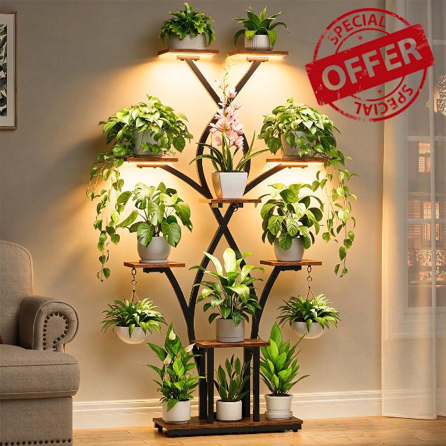 Plant Stand Indoor with Grow Lights - 9 Tiered Corner Plant Shelves Tall                                                          63" Lighted Plant Shelves for Indoor Multiple Plants