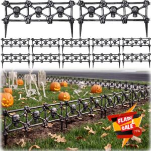 BreezeHug 12 Pcs Halloween Skull Fence Decor for Graveyard 18.9x11''                                                          Skeleton and Gothic Outdoor Fence Stake Decor for Yard Lawn Garden Graveyard Display Haunted House Party