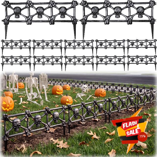 BreezeHug 12 Pcs Halloween Skull Fence Decor for Graveyard 18.9x11''                                                          Skeleton and Gothic Outdoor Fence Stake Decor for Yard Lawn Garden Graveyard Display Haunted House Party