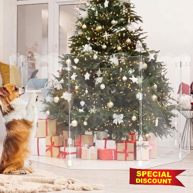 Nuanchu 6 Panel 20 x 32 Inch Clear Acrylic Christmas Tree Fence                                                          Freestanding Xmas Tree Gate for Cats Dogs Puppy