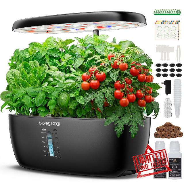 Ahopegarden Hydroponics Growing System: 12 Pods Indoor Herb Garden with LED                                                          Plant Germination Kit with LED Grow Light，Countertop Herb Garden