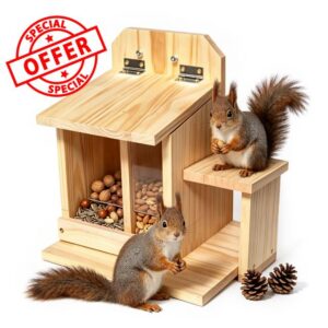 Dual-Compartment Solid Wood Squirrel Feeder with Storage Bins & Feeding Platforms - Wildlife Station for Backyard Squirrels & Chipmunks