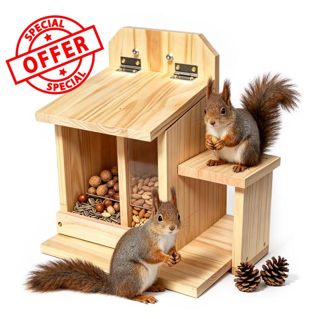 Dual-Compartment Solid Wood Squirrel Feeder with Storage Bins & Feeding Platforms - Wildlife Station for Backyard Squirrels & Chipmunks