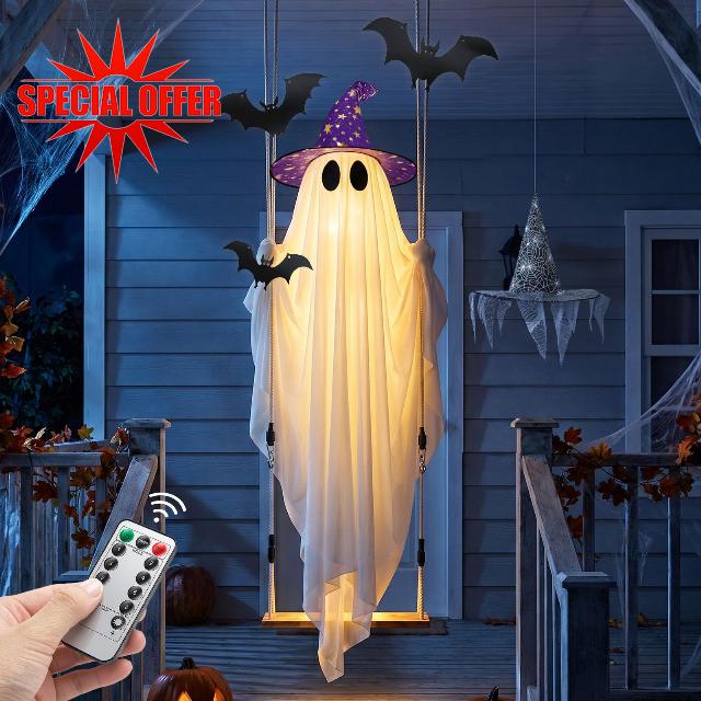 Halloween Ghost Decor with Bat & Hat - 11 FT Large Hanging Swinging Ghost                                                          Outdoor Halloween Decor with String Lights