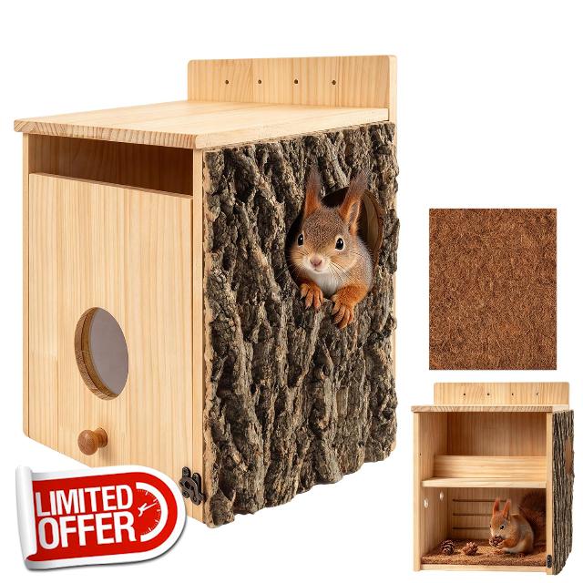 Tarklanda Large Wooden Squirrel House for Outside with Observation Window                                                          Weatherproof Pine Wood Squirrel Nesting Box with Feeder Coconut Pad