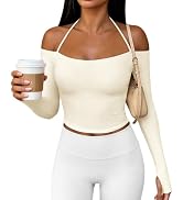 Yousify Womens Workout Tops Y2K Off Shoulder Long Sleeve Halter Gym Shirts | Comfy Crop Boat Neck...