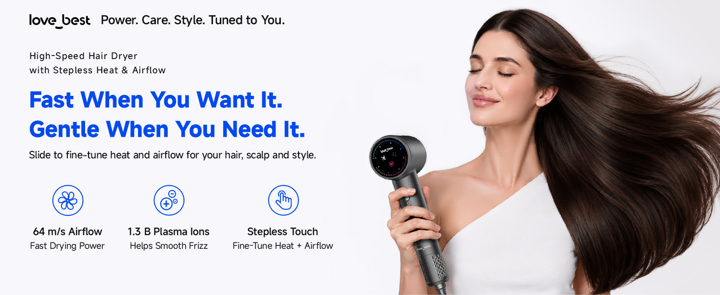 Woman using a Love Best high-speed hair dryer with stepless heat and airflow for fast drying.