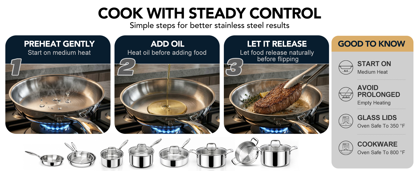 Stainless steel cookware guide showing preheating, adding oil, and letting food release naturally.