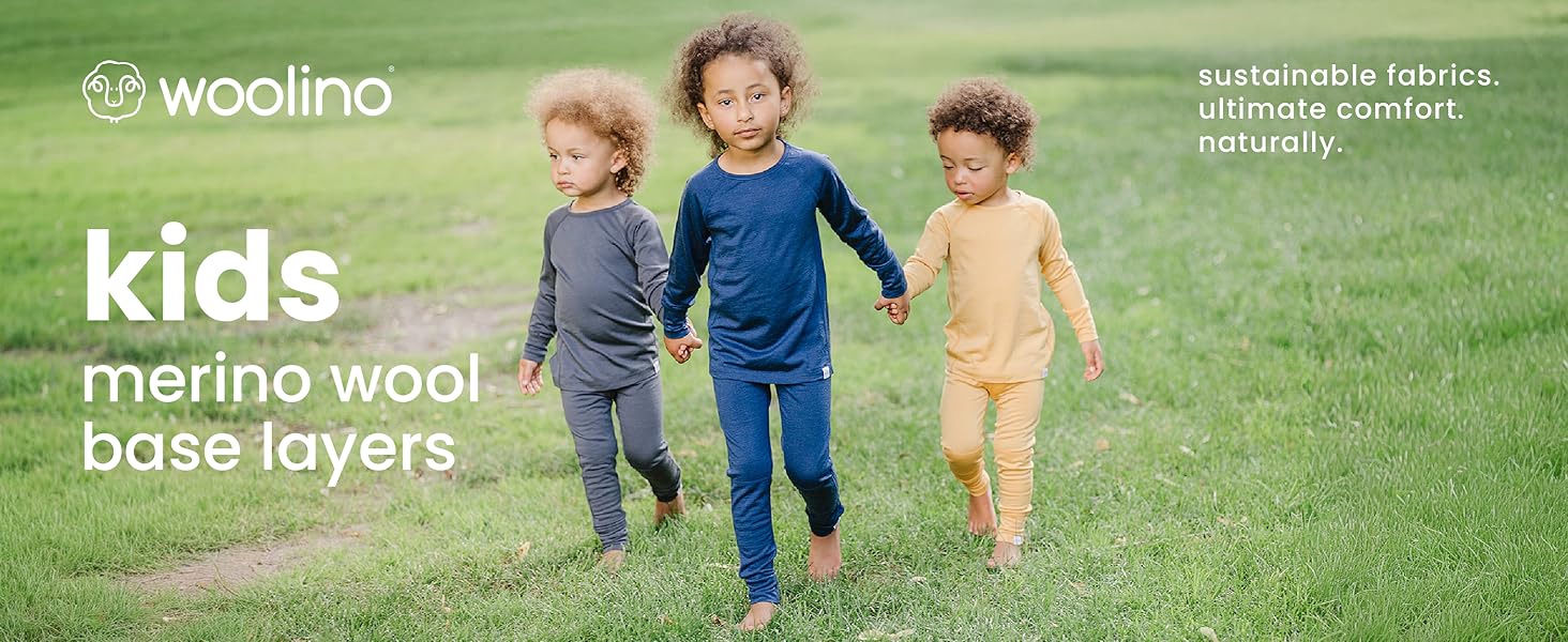 Kids holding hands wearing Woolino Merino Wool Thermal Base Layers.