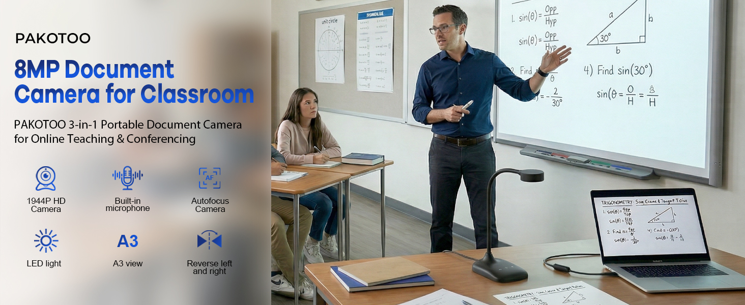 Text reads 'PANOPTO' and 'REC Document Camera for Lectures'. Two people in classroom demonstrating document camera system for recording lectures, with laptop and presentation equipment visible.