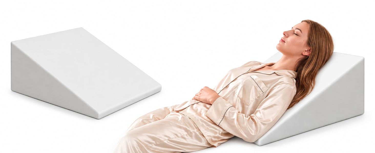 White wedge pillow beside a woman reclining on a wedge pillow