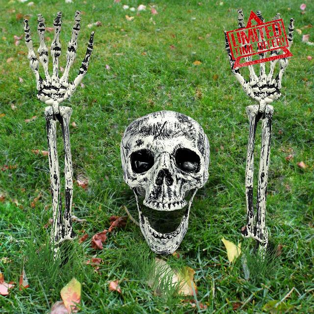 Realistic Skeleton Stakes Halloween Decorations 3-Piece Set with Skull & Adjustable Arm for Scary Yard Lawn Graveyard Garden Halloween Skeleton Decoration Outdoor Gazing Balls (5.31"x7.48"x5.51")