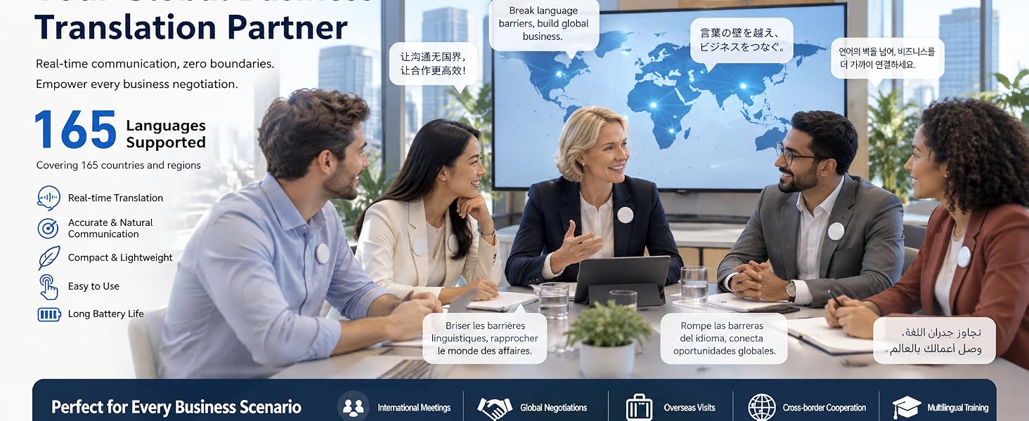 Business team using portable language translator supporting 165 languages for global communication