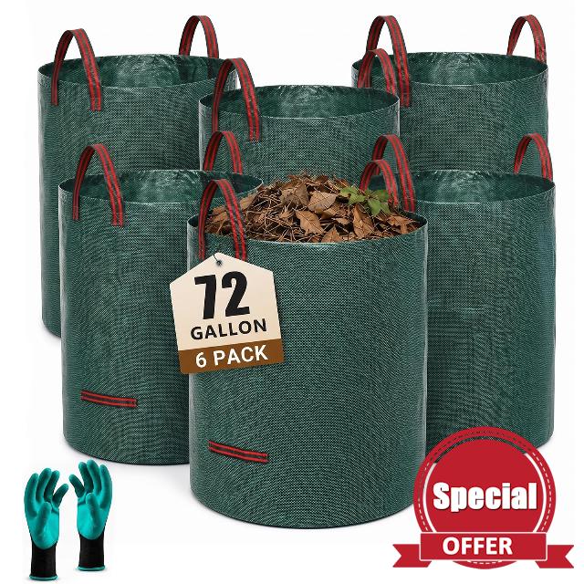 72 Gallon Reusable Yard Waste Bags with Reinforced Handles 6 Pack                                                          Heavy Duty Standable Lawn & Leaf Bags and Gloves for Lawn Maintenance Outdoor Camping Recycling