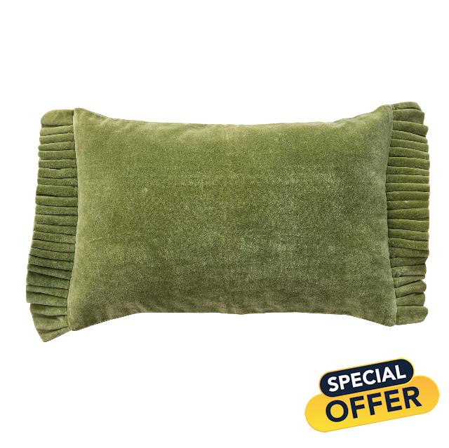 Creative Co-Op Velvet Ruffle-Edged Lumbar Pillow in Moss Gree