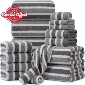 18 Pcs Mixed Size Microfiber Gray Striped Bath Towel Set                                                          6 Bathroom Sheets