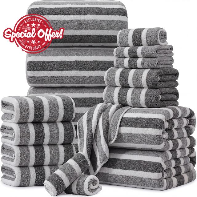 18 Pcs Mixed Size Microfiber Gray Striped Bath Towel Set                                                          6 Bathroom Sheets