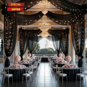 Black Tulle Ceiling Curtains with Lights - 6 Panels 5×10FT Wrinkle Free Sheer Draping Fabric Canopy